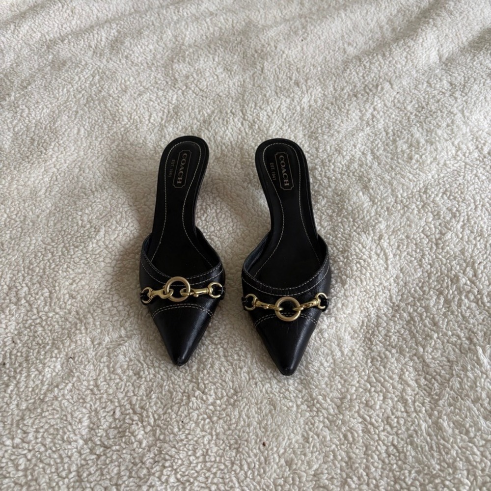 Coach vtg y2k Horsebit Kitten Heel Mules Pointed Toe Slides Gold Buckle 5.5B